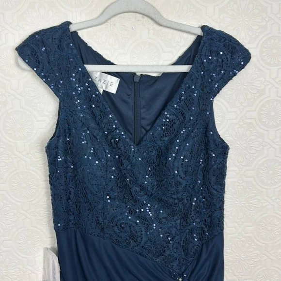 NWT Azazie Helen Mother Of The Bride Dark Navy Blue Maxi Dress Sequin Vneck - Picture 4 of 9
